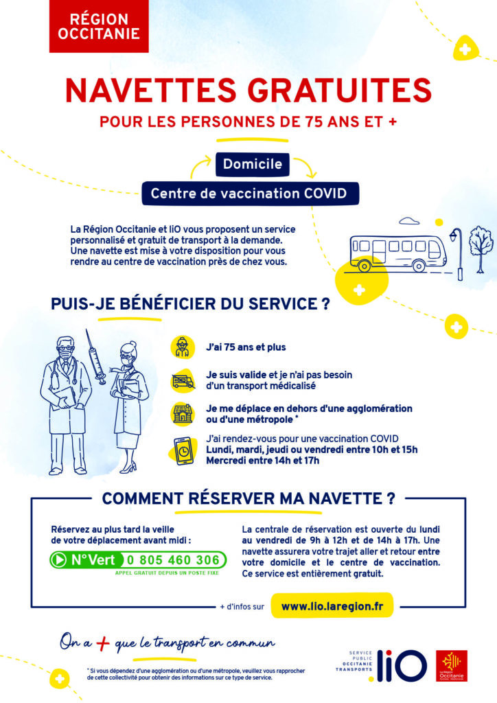 Affiche navettes gratuites vers centres de vaccination Covid - Région Occitanie liO + TAD gratuit