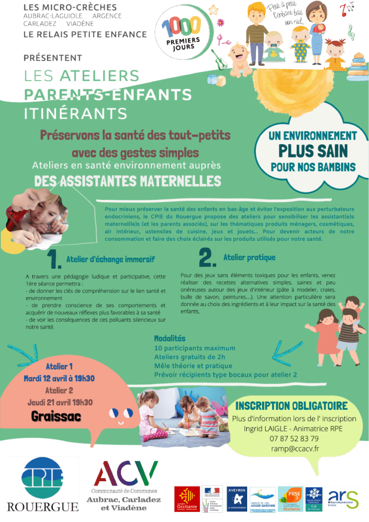 Affiche atelier environnement bébé qualité air intérieur polluants exposition éléments toxiques perturbateurs endocriniens CPIE 1000 premiers jours petite enfance Professionnels petite enfance Assistantes maternelles éducatrices relais petite enfance