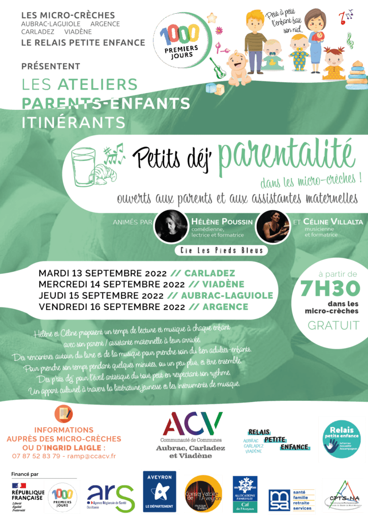 Affiche Petits dej parentalité septembre 2022 Compagnie Les Pieds Bleus