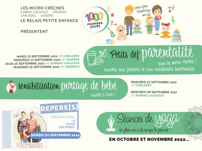1000 premiers jours animations septembre octobre novembre 2022 petits dej parentalité yoga portage de bébé spectacle place des pères Aubrac Carladez Viadène