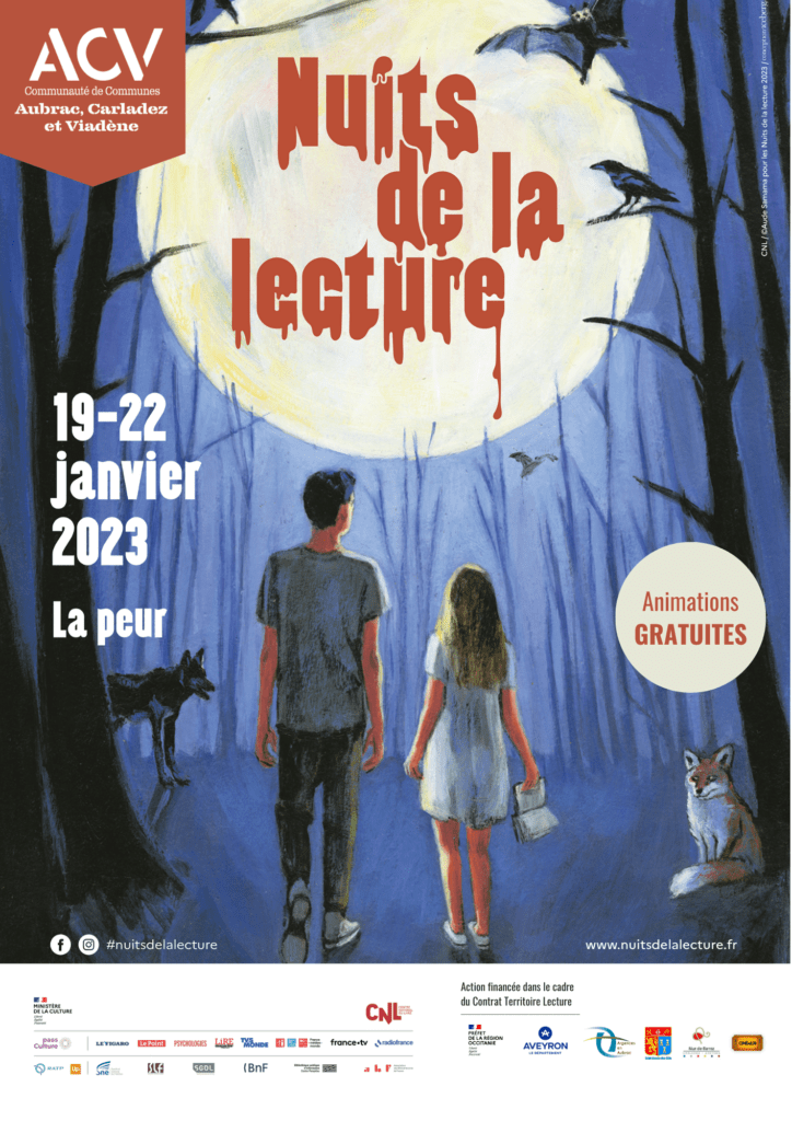 Affiche Nuits de la lecture 2023 - Aubrac Carladez Viadène