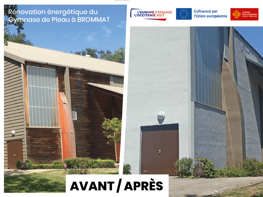 Avant après rénovation énergétique du gymnase de Pleau à Brommat