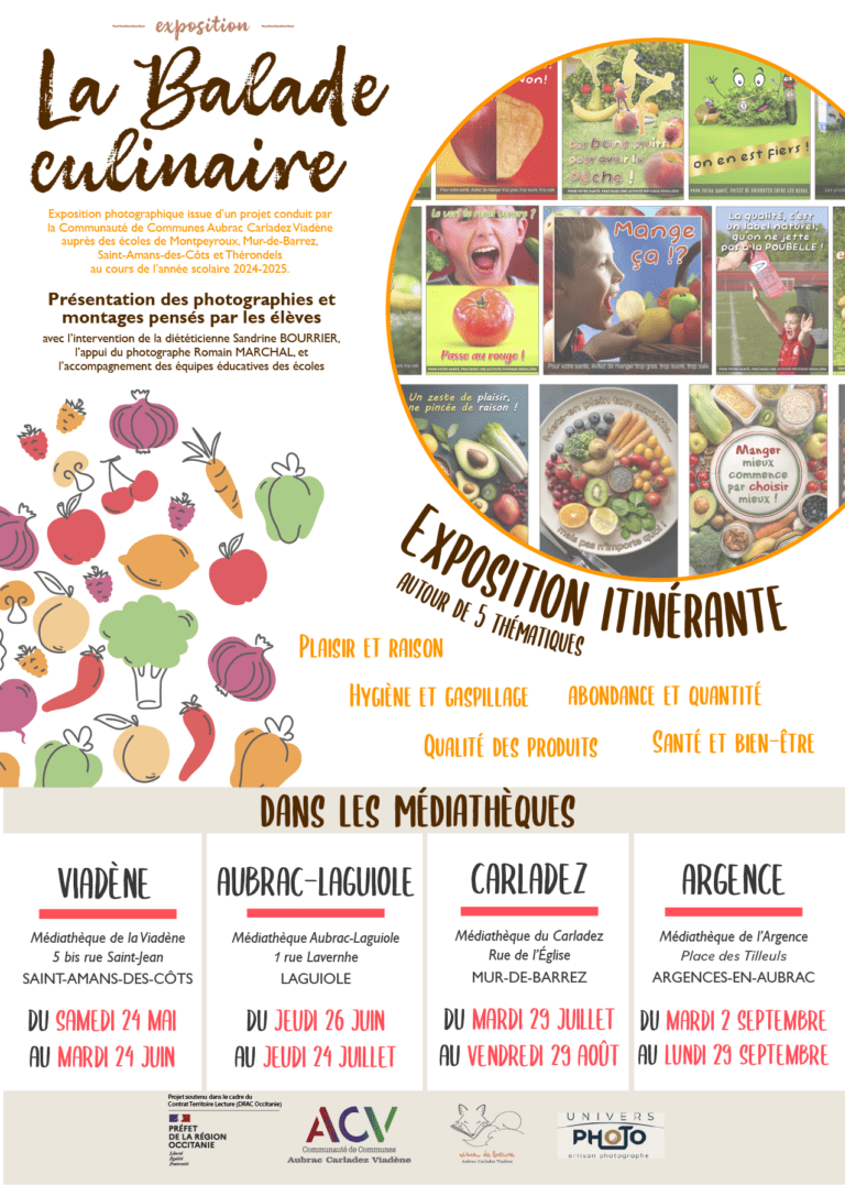 Affiche exposition itinérante Balade culinaire médiathèques Aubrac Carladez Viadène