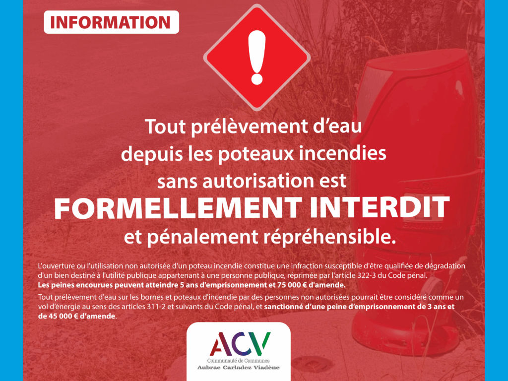 Information rappel violation Code pénal - Utilisation d'eau depuis les poteaux bornes incendies